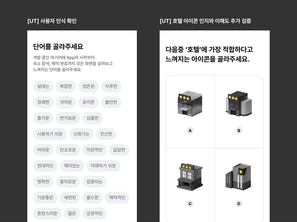 사용자 인식 확인과 호텔 아이콘 인지·이해도 검증에 쓴 UT 화면